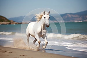 Magnificent white horse galloping freely on the beach. This artwork embodies the essence of grace, power, and untamed spirit. Ai