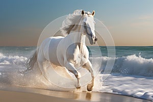 Magnificent white horse galloping freely on the beach. This artwork embodies the essence of grace, power, and untamed spirit. Ai