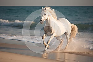 Magnificent white horse galloping freely on the beach. This artwork embodies the essence of grace, power, and untamed spirit. Ai