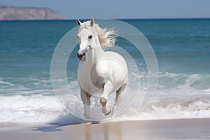 Magnificent white horse galloping freely on the beach. This artwork embodies the essence of grace, power, and untamed spirit. Ai