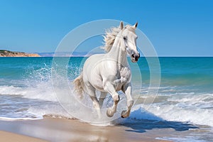 Magnificent white horse galloping freely on the beach. This artwork embodies the essence of grace, power, and untamed spirit. Ai