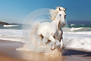 Magnificent white horse galloping freely on the beach. This artwork embodies the essence of grace, power, and untamed spirit. Ai