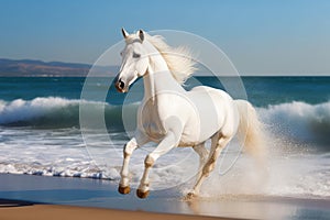 Magnificent white horse galloping freely on the beach. This artwork embodies the essence of grace, power, and untamed spirit. Ai