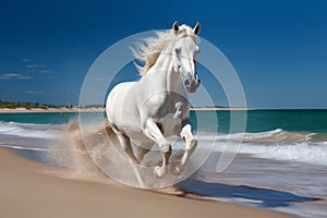 Magnificent white horse galloping freely on the beach. This artwork embodies the essence of grace, power, and untamed spirit. Ai