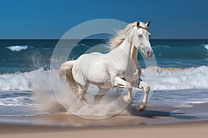 Magnificent white horse galloping freely on the beach. This artwork embodies the essence of grace, power, and untamed spirit. Ai