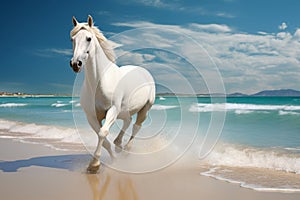 Magnificent white horse galloping freely on the beach. This artwork embodies the essence of grace, power, and untamed spirit. Ai