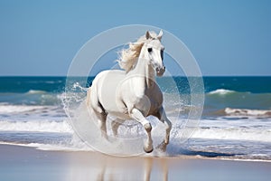 Magnificent white horse galloping freely on the beach. This artwork embodies the essence of grace, power, and untamed spirit. Ai