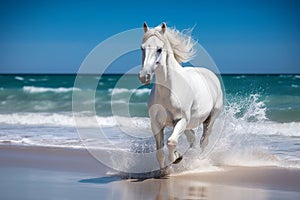 Magnificent white horse galloping freely on the beach. This artwork embodies the essence of grace, power, and untamed spirit. Ai