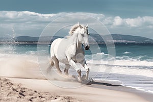 Magnificent white horse galloping freely on the beach. This artwork embodies the essence of grace, power, and untamed spirit. Ai