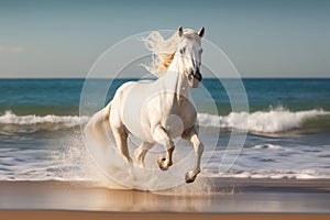 Magnificent white horse galloping freely on the beach. This artwork embodies the essence of grace, power, and untamed spirit. Ai