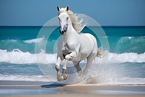 Magnificent white horse galloping freely on the beach. This artwork embodies the essence of grace, power, and untamed spirit. Ai