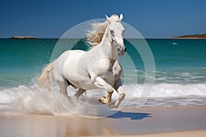 Magnificent white horse galloping freely on the beach. This artwork embodies the essence of grace, power, and untamed spirit. Ai