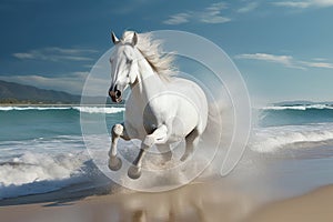 Magnificent white horse galloping freely on the beach. This artwork embodies the essence of grace, power, and untamed spirit. Ai