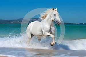 Magnificent white horse galloping freely on the beach. This artwork embodies the essence of grace, power, and untamed spirit. Ai