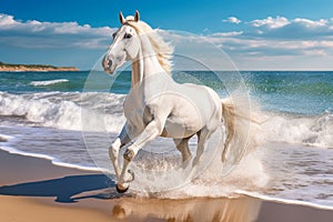 Magnificent white horse galloping freely on the beach. This artwork embodies the essence of grace, power, and untamed spirit. Ai