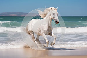 Magnificent white horse galloping freely on the beach. This artwork embodies the essence of grace, power, and untamed spirit. Ai