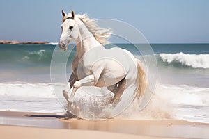 Magnificent white horse galloping freely on the beach. This artwork embodies the essence of grace, power, and untamed spirit. Ai