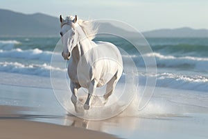 Magnificent white horse galloping freely on the beach. This artwork embodies the essence of grace, power, and untamed spirit. Ai