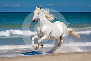 Magnificent white horse galloping freely on the beach. This artwork embodies the essence of grace, power, and untamed spirit. Ai