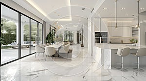 A Magnificent White Kitchen at the Heart of a Spacious Dining and Living Area, Exuding Modern Elegance