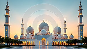 Grand White Mosque with Majestic Domes and Minarets at Golden Sunset