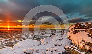 Magnificent winter mountain landscape on the sea. Paldiski cliff. Estonia.