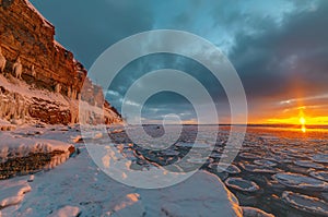 Magnificent winter mountain landscape on the sea. Paldiski cliff. Estonia.