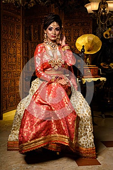 Magnificent young Indian bride in luxurious dress and precious jewellery is sitting in a chair in a luxury apartment. Classic