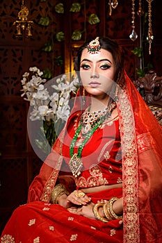 Magnificent young Indian bride in luxurious dress and precious jewellery is sitting in a chair in a luxury apartment. Classic