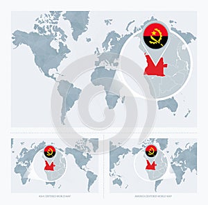 Magnified Angola over Map of the World, 3 versions of the World Map with flag and map of Angola
