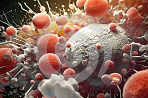 magnified battle between white blood cells and pathogens