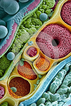 Magnified Cellular Structures: A Vibrant Microscopic Visualization