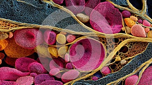 Magnified Cellular Structures: A Vibrant Microscopic Visualization