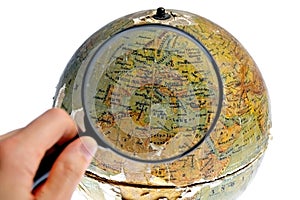 Magnified Europe on old rotating globe