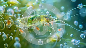 A magnified image of a copepod a small aquatic crustacean gracefully swimming through a sea of phytoplankton. . AI