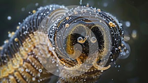 A magnified image of a leech attached to the skin of its host its large round mouthparts clearly visible. The leech is