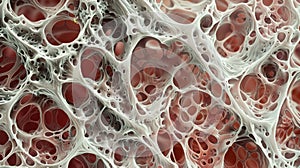 A magnified image of a slice of lung tissue revealing delicate alveoli structures and intricate networks of vessels. .