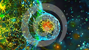 A magnified image of a somatic cell nucleus being reprogrammed through nuclear transfer to produce a genetically