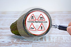 Magnified label on avocado, warning of environmental damage caused by pesticides