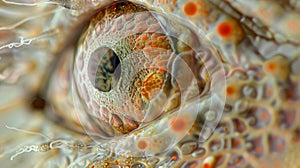 A magnified picture of a euglenoids eye spot a red pigmented structure that helps the organism detect light. .