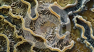 A magnified view of a bacterial colony showing the intricately structured layers of different bacterial species. Each