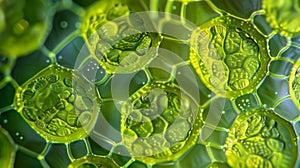 A magnified view of the chloroplasts within an algal cell responsible for photosynthesis and giving the cells their photo