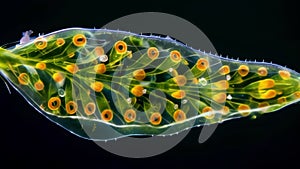 A magnified view of a of Euglena a type of photosynthetic protozoa that can be found in freshwater and soil. . AI