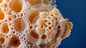 A magnified view of a fungal spore showing its spherical shape and intricate surface with small bumps and ridges. . AI