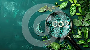 A magnified view of a green leaf with the word CO2 written on it