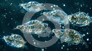 A magnified view of a group of tardigrades swimming gracefully in a drop of water their tiny bodies gliding through the