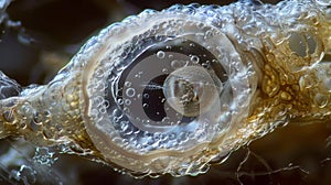 A magnified view of a nematode egg with a textured outer surface and a clear developing embryo visible inside. .