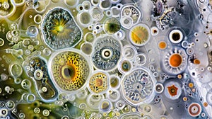 Magnified view of a single algal bloom showing intricate patterns and colors of various microscopic organisms. .