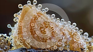 A magnified view of a single conidium spore revealing its rugged outer surface and elongated shape. The spore is