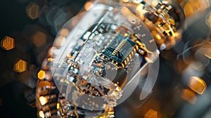 A magnified view of a tiny microcontroller embedded within a piece of jewelry symbolizing the convergence of fashion and